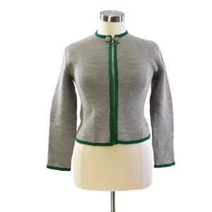 60s Vintage Gray Boiled Wool Cardigan Jacket Womens L Green Trim Edelweiss Clasp